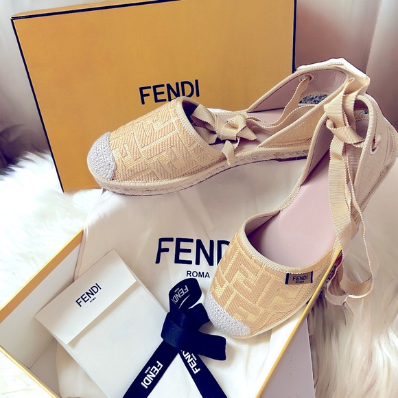 Fendi Yellow FF Logo Embroidered Fabric Ankle Wrap Espadrille Flats - Picture 1 of 7